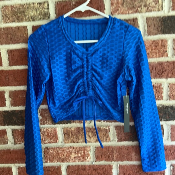 New Mix Crop Top Blue NEW Size L/XL Stretch Sexy Textured Drawstring Pullover - Picture 1 of 8